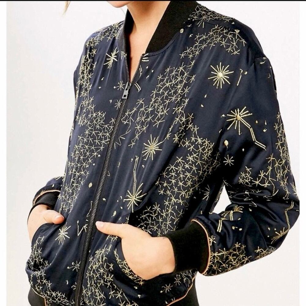 Silence + Noise Blue Celestial Bomber Jacket with Gold Embroidery, Size Small
